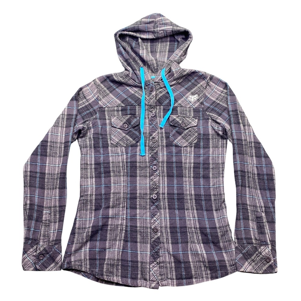 Fox Racing Womens Plaid Hooded Button Up Flannel Shirt Purple Blue Size L